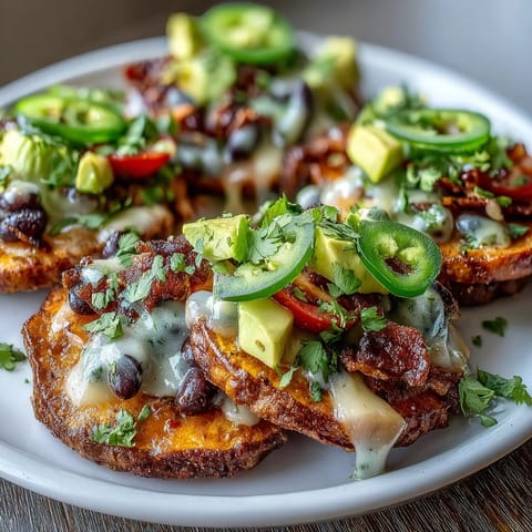 2. Vibrant vegan sweet potato nachos topped with fresh avocado, tomatoes, and smoky dairy-free cashew queso.  