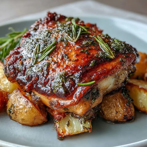 Aromatic herb-roasted chicken thighs nestle among roasted carrots and potatoes, creating a hearty, one-pan family dinner.