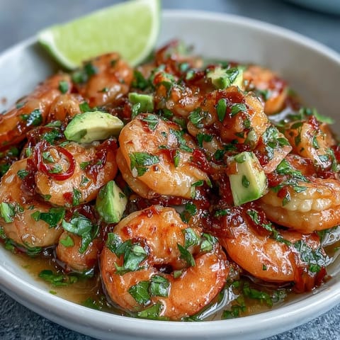 Vibrant chilli lime shrimp ceviche with creamy avocado and fresh cilantro, served chilled for a zesty appetizer.