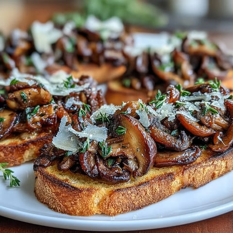 Wild mushroom and garlic crostini with golden sautéed mushrooms on crisp toasts and Parmesan shavings.