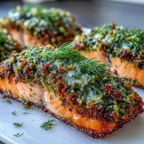 Herb and pistachio encrusted salmon with a crispy golden crust, pan-seared for a delightful texture and vibrant flavor.  
