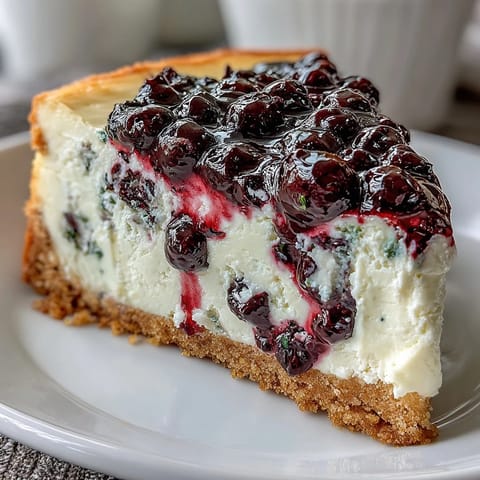 Elegant dessert featuring rich cream cheese and tangy black currant sauce, perfectly balanced in every creamy slice.  