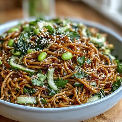 Refreshing cold noodle bowl with julienned vegetables, protein-rich edamame, and a silky sesame ginger dressing.  