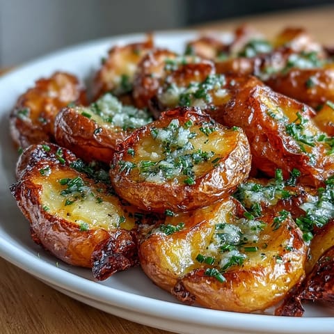 Fluffy smashed potatoes with crispy edges, topped with aromatic garlic olive oil and a sprinkle of sea salt for irresistible flavor.