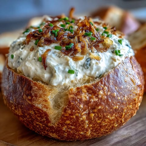 Creamy caramelized onion dip served in a warm sourdough bread bowl, garnished with fresh chives.  