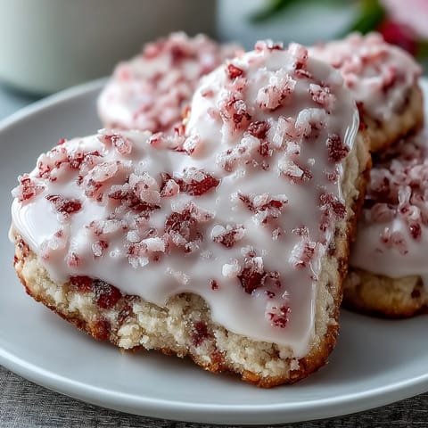 Heart-shaped strawberry sugar cookies decorated with glossy pink royal icing, perfect for Valentine's Day celebrations.  