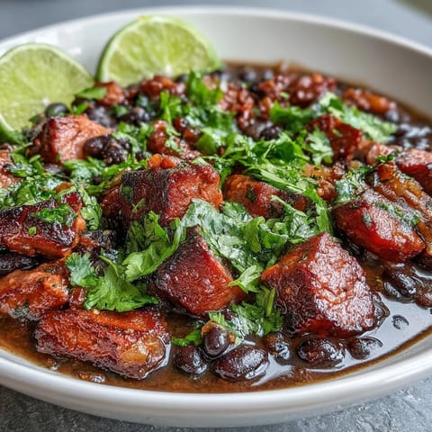 A steaming bowl of ham and black bean soup with fresh cilantro and lime wedges, offering a vibrant Cuban-inspired meal.  