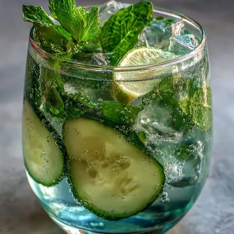 A tall glass filled with chilled sparkling water, fresh cucumber slices, and mint leaves, garnished with a lime wedge for a refreshing summer drink.