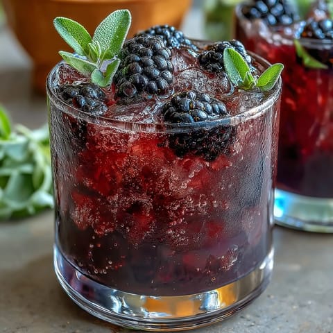 Vibrant blackberry sage mocktail served over crushed ice with fresh sage and citrus garnish.