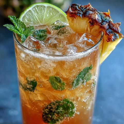 Refreshing non-alcoholic pineapple ginger fizz served over ice, garnished with pineapple wedges and mint for a tropical twist.  