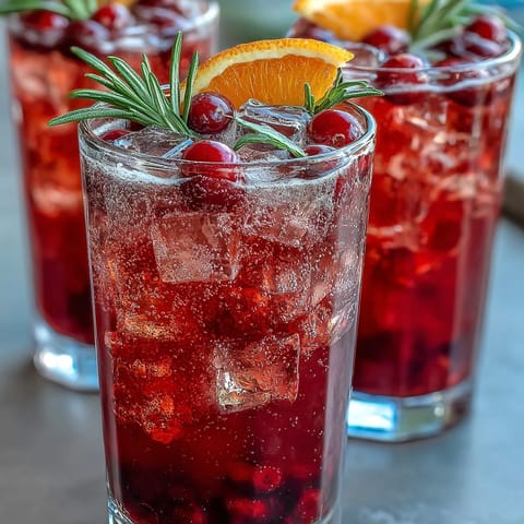 Vibrant cranberry-orange syrup infused with rosemary, topped with sparkling water for a festive holiday drink.  