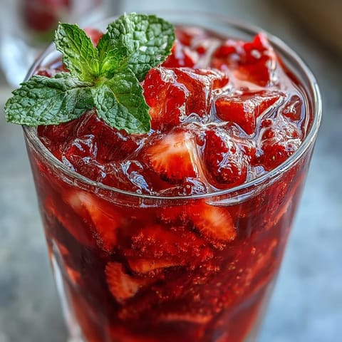 Refreshing strawberry mocktail featuring muddled strawberries, lemon, and sparkling water served over ice.