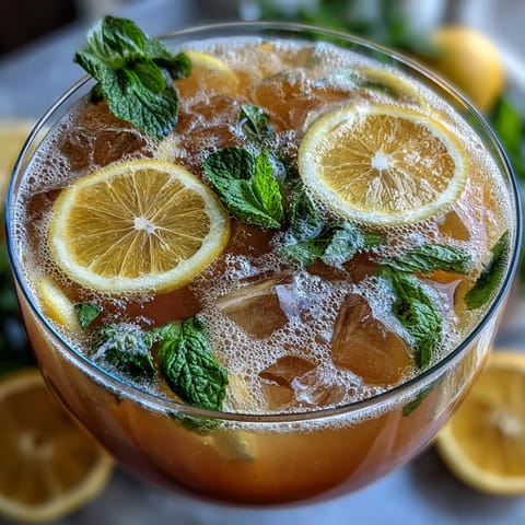 Bright and effervescent citrus punch served over ice with fresh mint leaves and colorful fruit slices.  