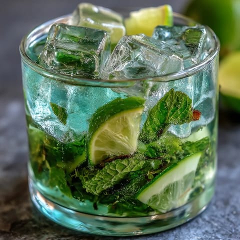 A vibrant virgin green mojito with lime and mint, garnished with cucumber slices and ice cubes, perfect for a refreshing summer drink.