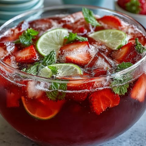 Vibrant strawberry daiquiri punch bowl with fresh berries, lime slices, and mint garnish for festive spring gatherings.