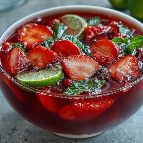 Refreshing strawberry daiquiri punch bowl filled with rum, lime juice, and sparkling soda, served over ice with fruit.