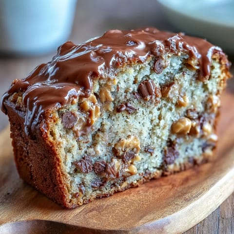 Decadent peanut butter cup banana bread loaf topped with melty chocolate chips and gooey peanut butter cups, perfect for dessert lovers.  