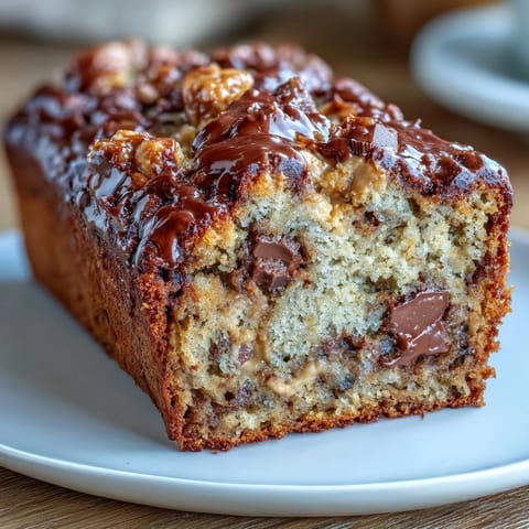 Moist banana bread infused with creamy peanut butter and rich chocolate chips, crowned with chopped peanut butter cups for extra indulgence.  
