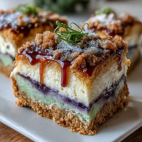 King Cake Cheesecake Bars with Swirled Colors: Vibrant purple, green, and gold cheesecake swirls atop a buttery cinnamon graham cracker crust.