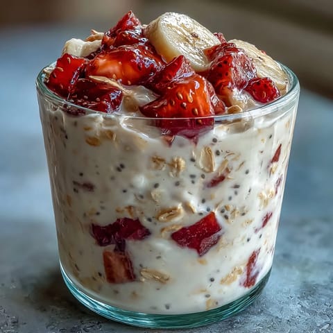Creamy overnight oats with strawberries and banana, layered with chia seeds for a nutritious breakfast.  