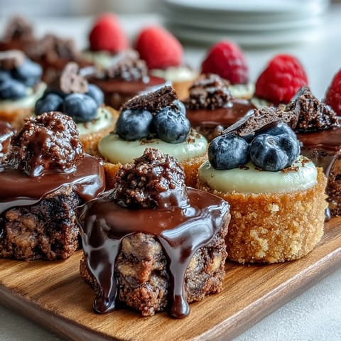 A colorful assortment of mini brownie bites, lemon cheesecake cups, and fruit tartlets on a tiered dessert stand.  