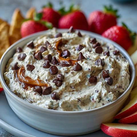 Creamy cottage cheese cookie dough dip with mini chocolate chips, served with fresh strawberries and apple slices for a healthy dessert.  