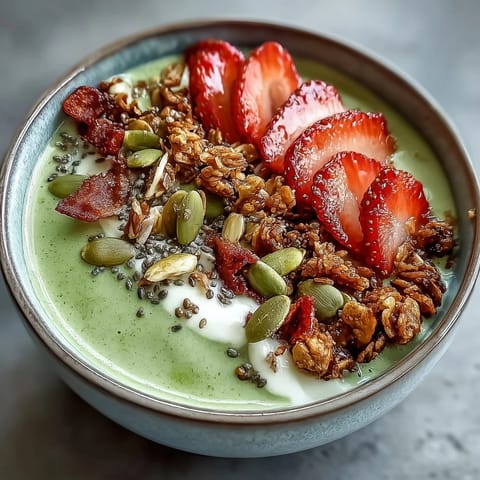 A vibrant strawberry matcha latte smoothie bowl topped with fresh strawberries, crunchy granola, and chia seeds for a nourishing breakfast.