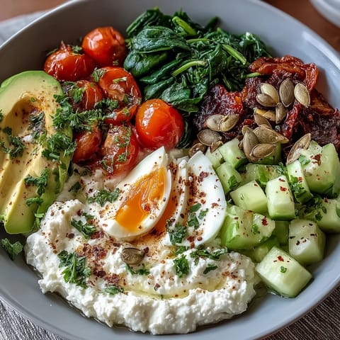 Savory Cottage Cheese Breakfast Bowl with Veggies topped with fresh cucumber, cherry tomatoes, and herbs for a healthy morning meal.