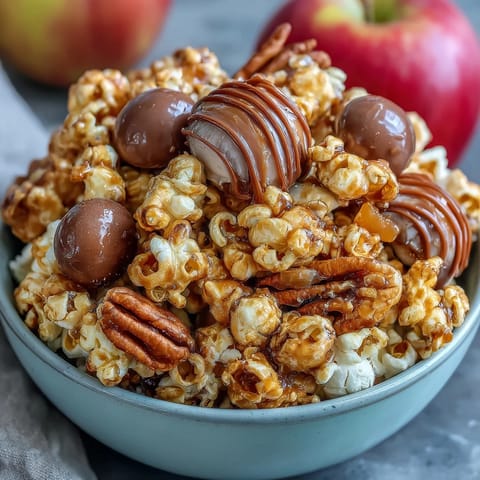 Caramel Candy Apple Popcorn Mix with dried apples and candy pieces, perfect for movie night snacking.