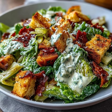 A vibrant Celery Caesar Salad with crunchy croutons and shaved Parmesan in a creamy dressing, perfect for a light lunch.