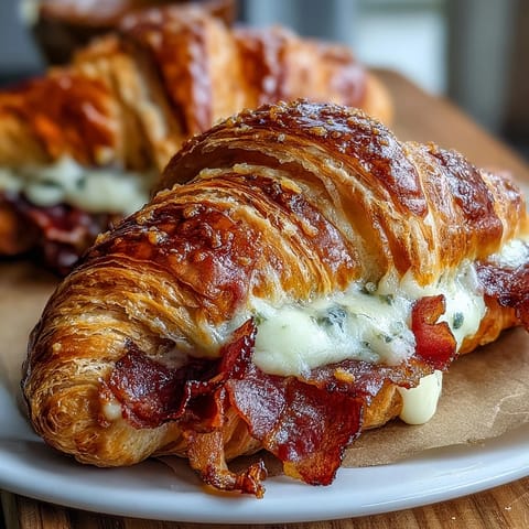 Ham and Swiss croissant bake with golden, flaky croissants layered with savory ham and melted Swiss cheese in a creamy egg custard.