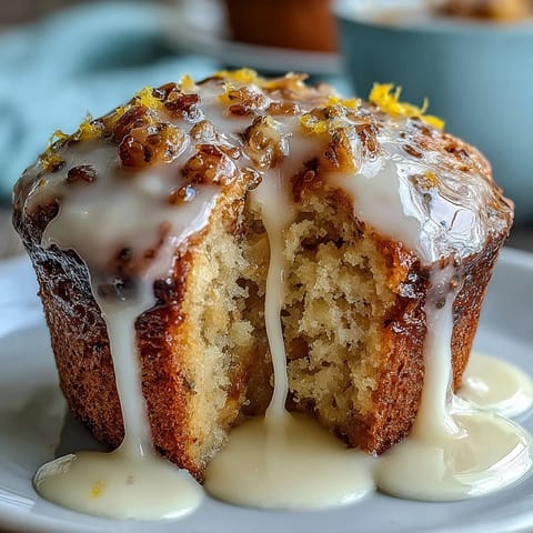 Golden lemon poppy seed muffins topped with a glossy, tangy glaze — perfect for spring brunch or a sweet snack.