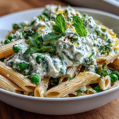 Creamy pea and ricotta pasta with mint, bright lemon zest, and Parmesan in a light spring sauce.