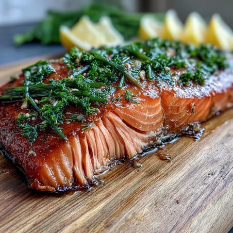 Cedar Plank Salmon with Lemon Dill sizzling on a cedar plank, fresh herbs and citrus slices adding vibrant aroma and flavor.