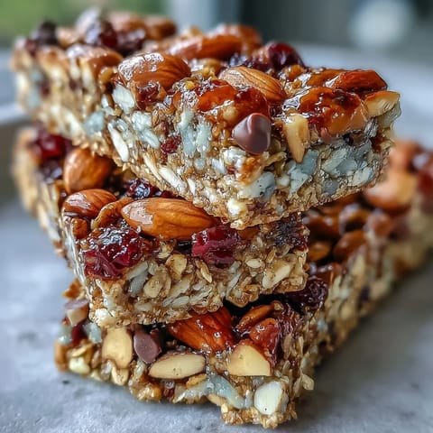 1. No-Bake Granola Energy Bars with oats, nuts, and dried fruit, stacked on a rustic wooden board.