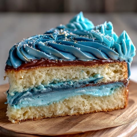 Graduation cake with dark blue and gold ombre layers, frosted in smooth vanilla buttercream and adorned with shimmering edible gold accents.