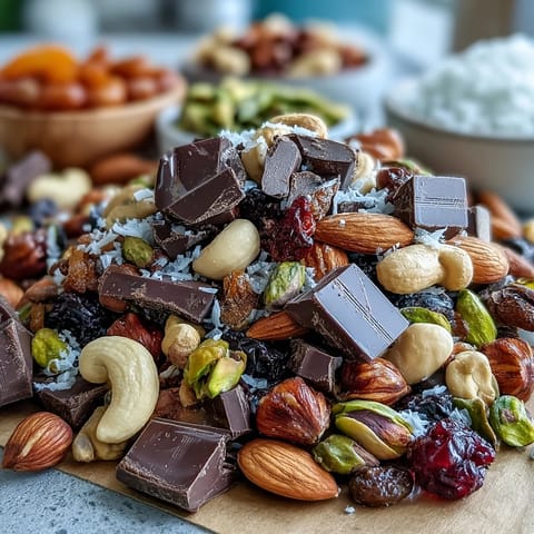 Homemade Trail Mix with Dark Chocolate in a clear glass bowl, showcasing crunchy almonds, cashews, dried cranberries, and rich dark chocolate chunks.