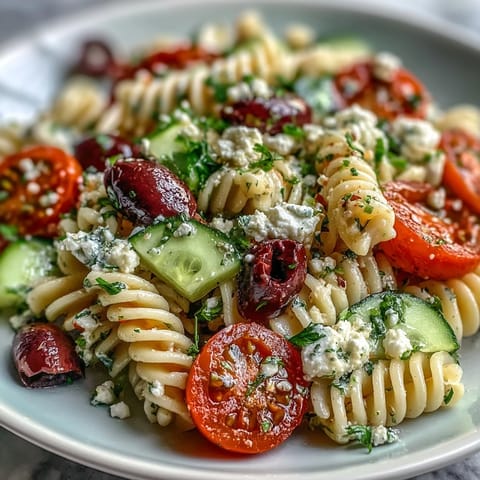 A vibrant Greek-style pasta salad with juicy tomatoes, crisp cucumbers, and creamy feta cheese.  