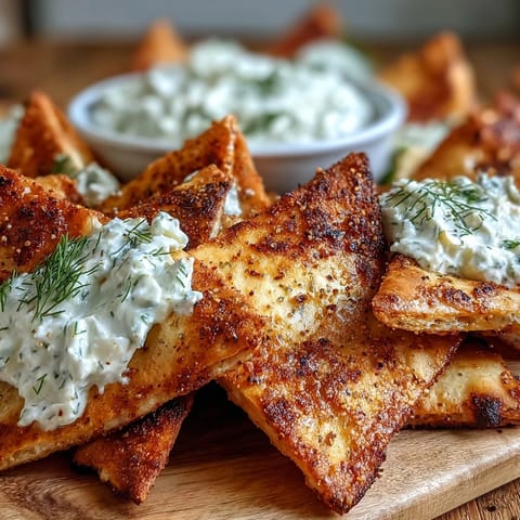 Golden, crispy pita chips with creamy tzatziki dip, perfect for a refreshing Mediterranean snack platter.