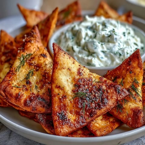 Homemade pita chips sprinkled with sea salt and paprika, served alongside cool, tangy tzatziki for a crunchy, flavorful appetizer.