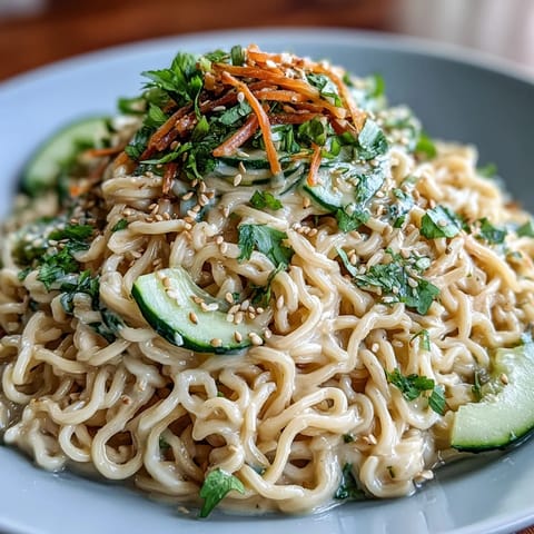 Chilled sesame noodles with crisp cucumber slices in creamy sesame sauce, garnished with herbs and sesame seeds.  