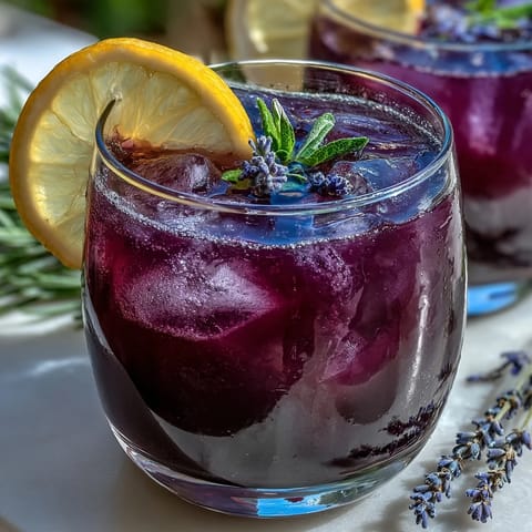 Vibrant purple lavender lemonade refresher with fresh citrus and floral lavender notes, served over ice with lemon slices and lavender sprigs.