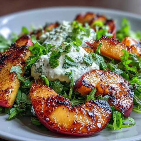 Grilled peaches and creamy burrata combine in a colorful salad, drizzled with honey for a sweet finish.