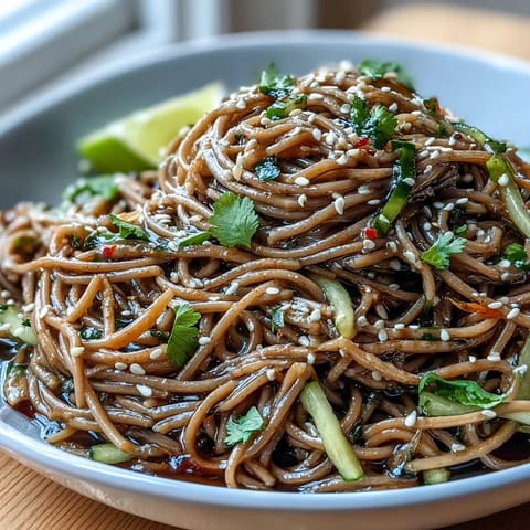 Chilled soba noodle salad with sesame ginger dressing, a vibrant, crunchy veggie medley.
