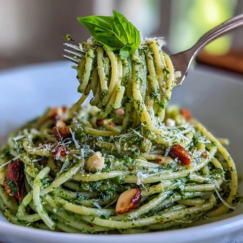 Vibrant Creamy Avocado Pesto Pasta, no-cook sauce swirled through gluten-free spaghetti.