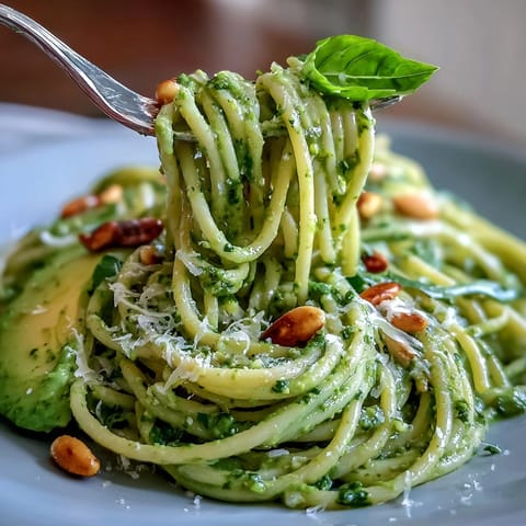Lush green avocado pesto clings beautifully to al dente spaghetti, a quick weeknight meal.