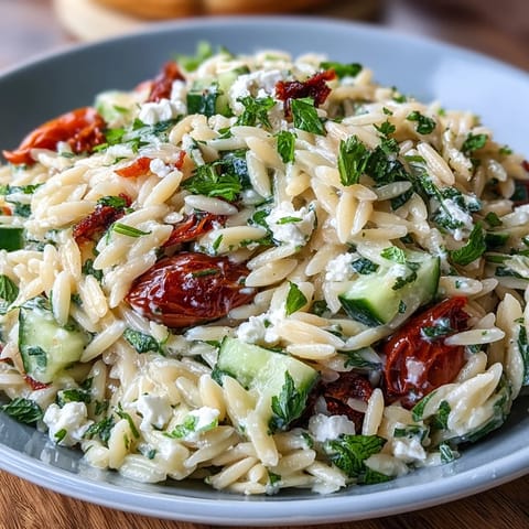 Vibrant orzo salad with feta and lemon dressing, ready for a quick summer meal.