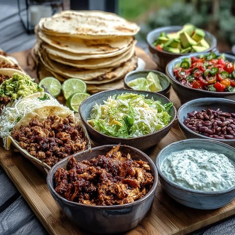 Showcasing a bountiful DIY Taco Bar, perfect for fun, customizable outdoor dining.