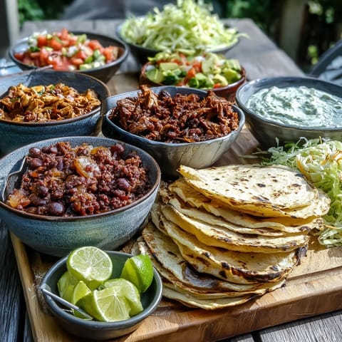 A colorful DIY Taco Bar spread, ready for guests at your outdoor BBQ.