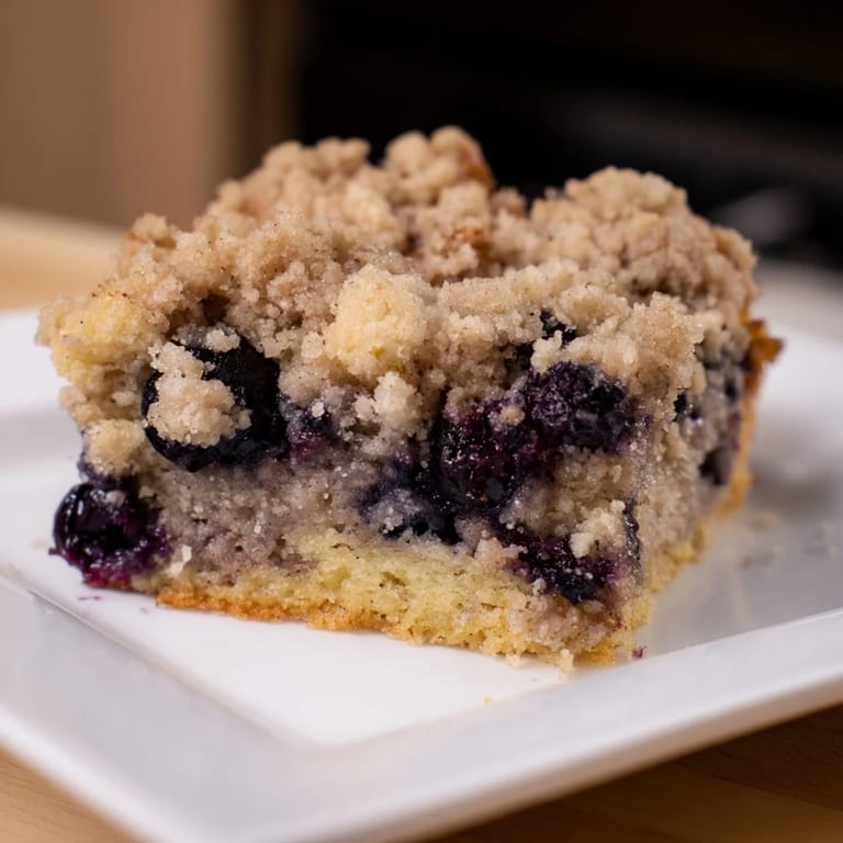 Freshly baked blueberry buckle, smelling of warm spices, ready to be sliced and served.